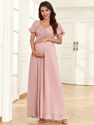 Robe de maternité plissée mousseline à col en V et dos noué(Vente finale)