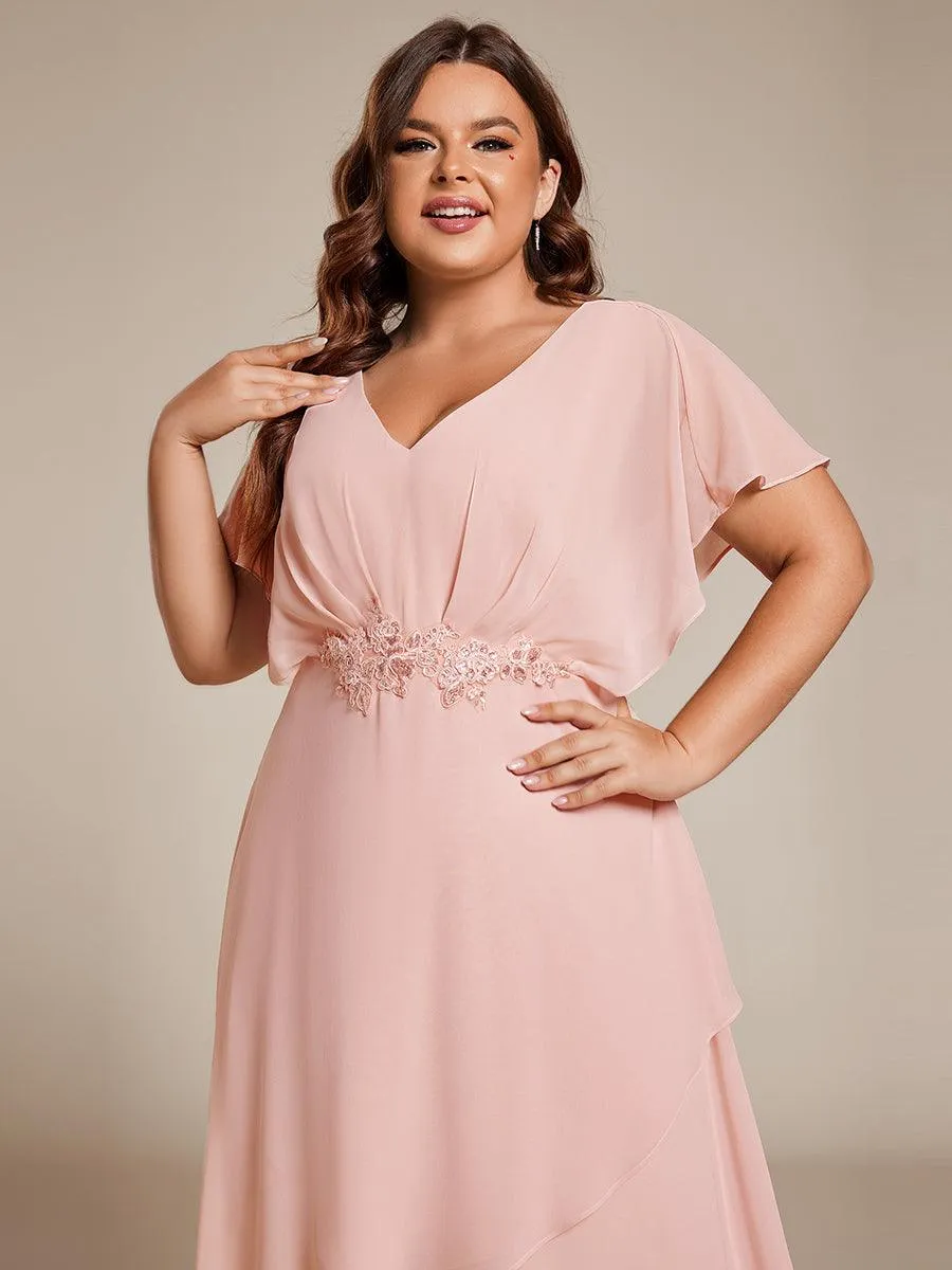 Robe Formelle élégante à Manches Courtes Et Taille Trapèze Avec Ourlet En Feuille De Lotus