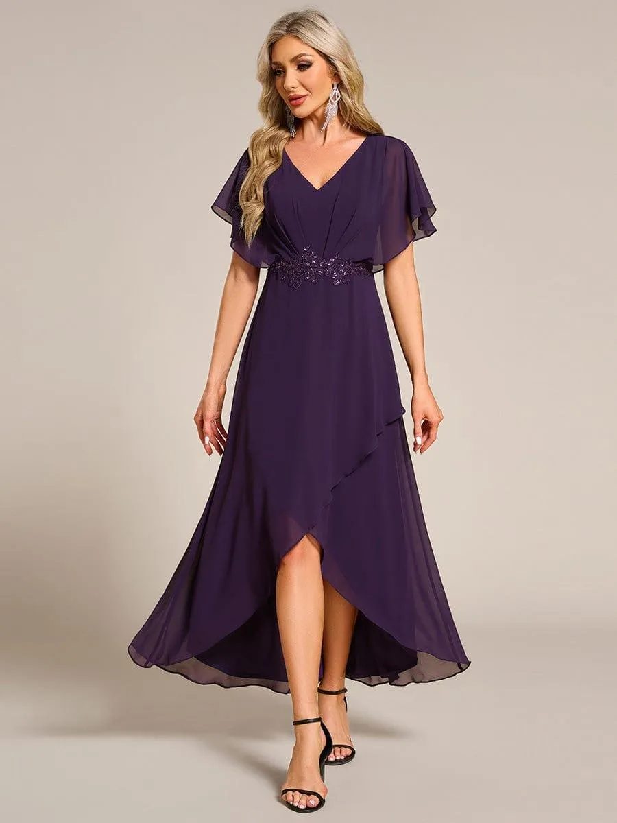 Robe Formelle élégante à Manches Courtes Et Taille Trapèze Avec Ourlet En Feuille De Lotus