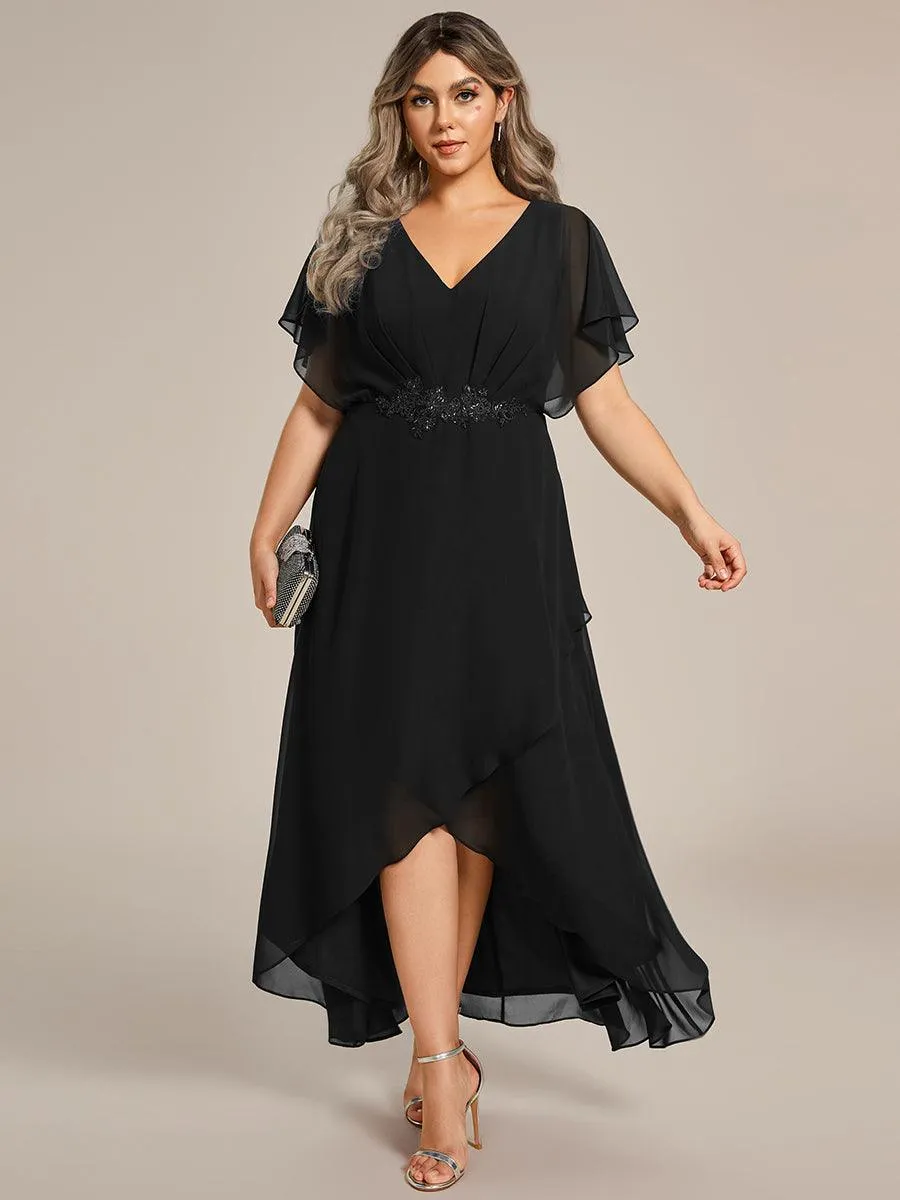 Robe Formelle élégante à Manches Courtes Et Taille Trapèze Avec Ourlet En Feuille De Lotus