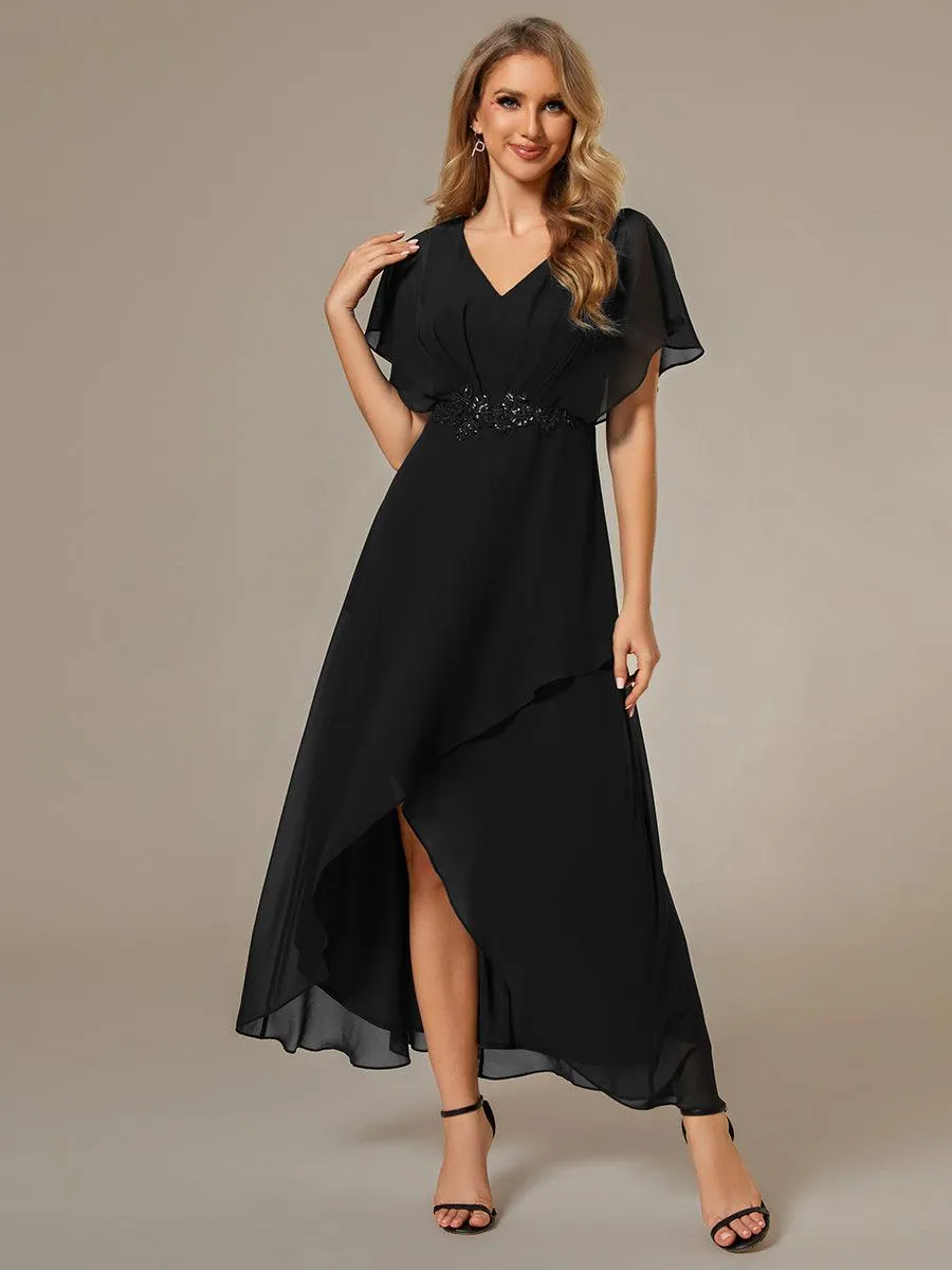 Robe Formelle élégante à Manches Courtes Et Taille Trapèze Avec Ourlet En Feuille De Lotus