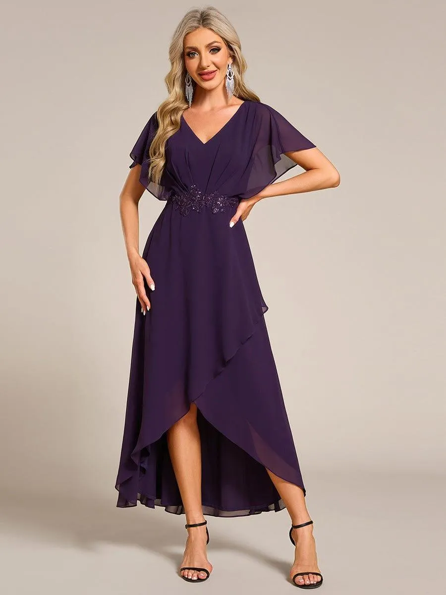 Robe Formelle élégante à Manches Courtes Et Taille Trapèze Avec Ourlet En Feuille De Lotus