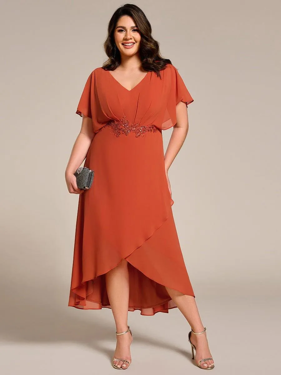 Robe Formelle élégante à Manches Courtes Et Taille Trapèze Avec Ourlet En Feuille De Lotus