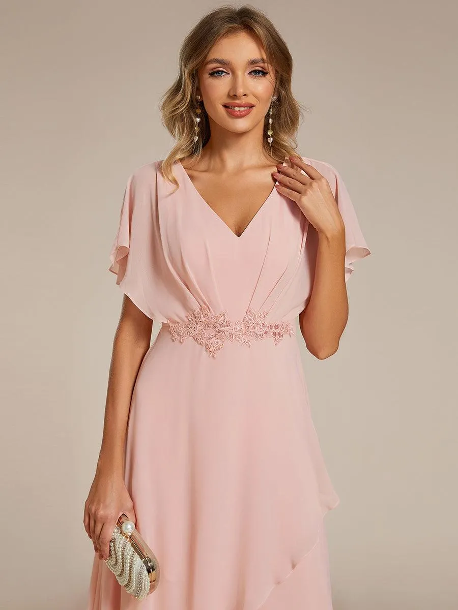 Robe Formelle élégante à Manches Courtes Et Taille Trapèze Avec Ourlet En Feuille De Lotus