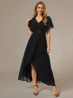 Robe Formelle élégante à Manches Courtes Et Taille Trapèze Avec Ourlet En Feuille De Lotus