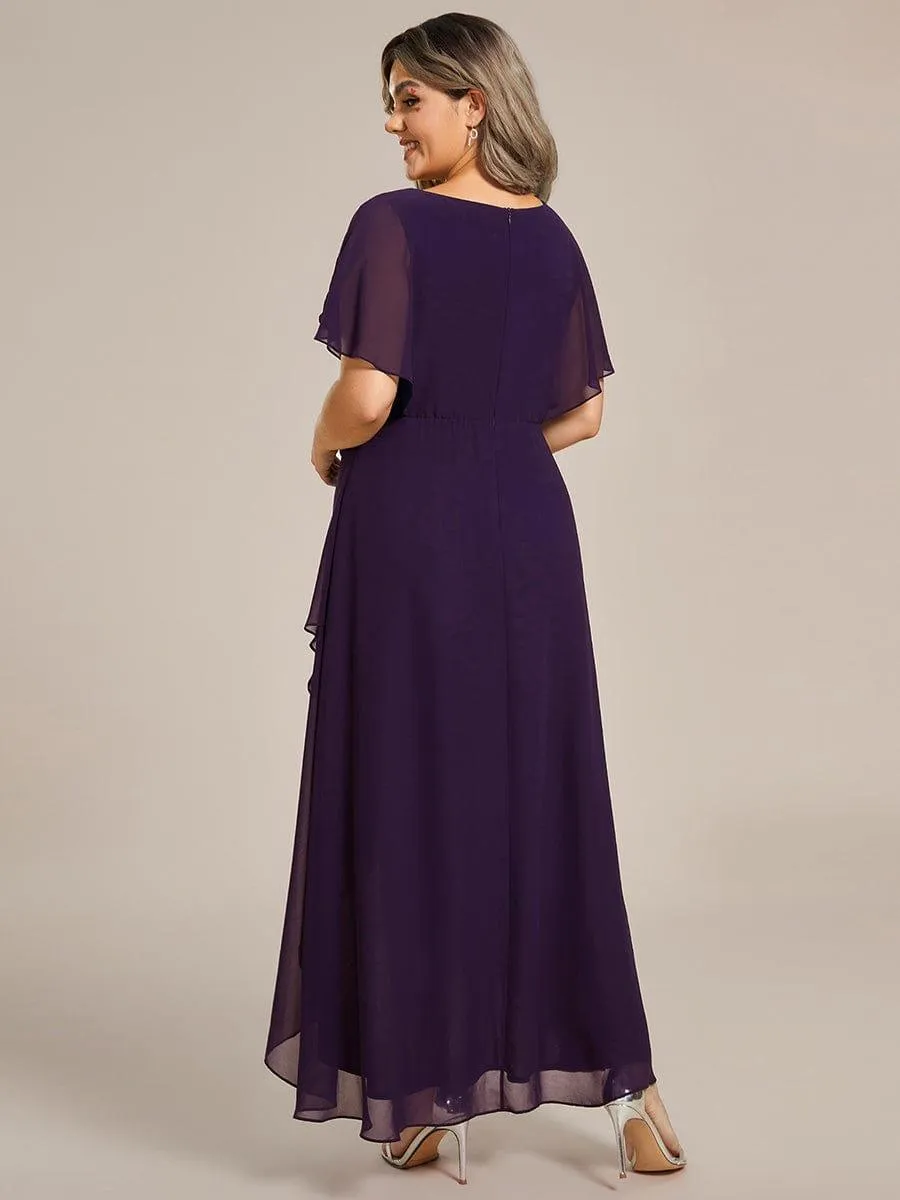 Robe Formelle élégante à Manches Courtes Et Taille Trapèze Avec Ourlet En Feuille De Lotus