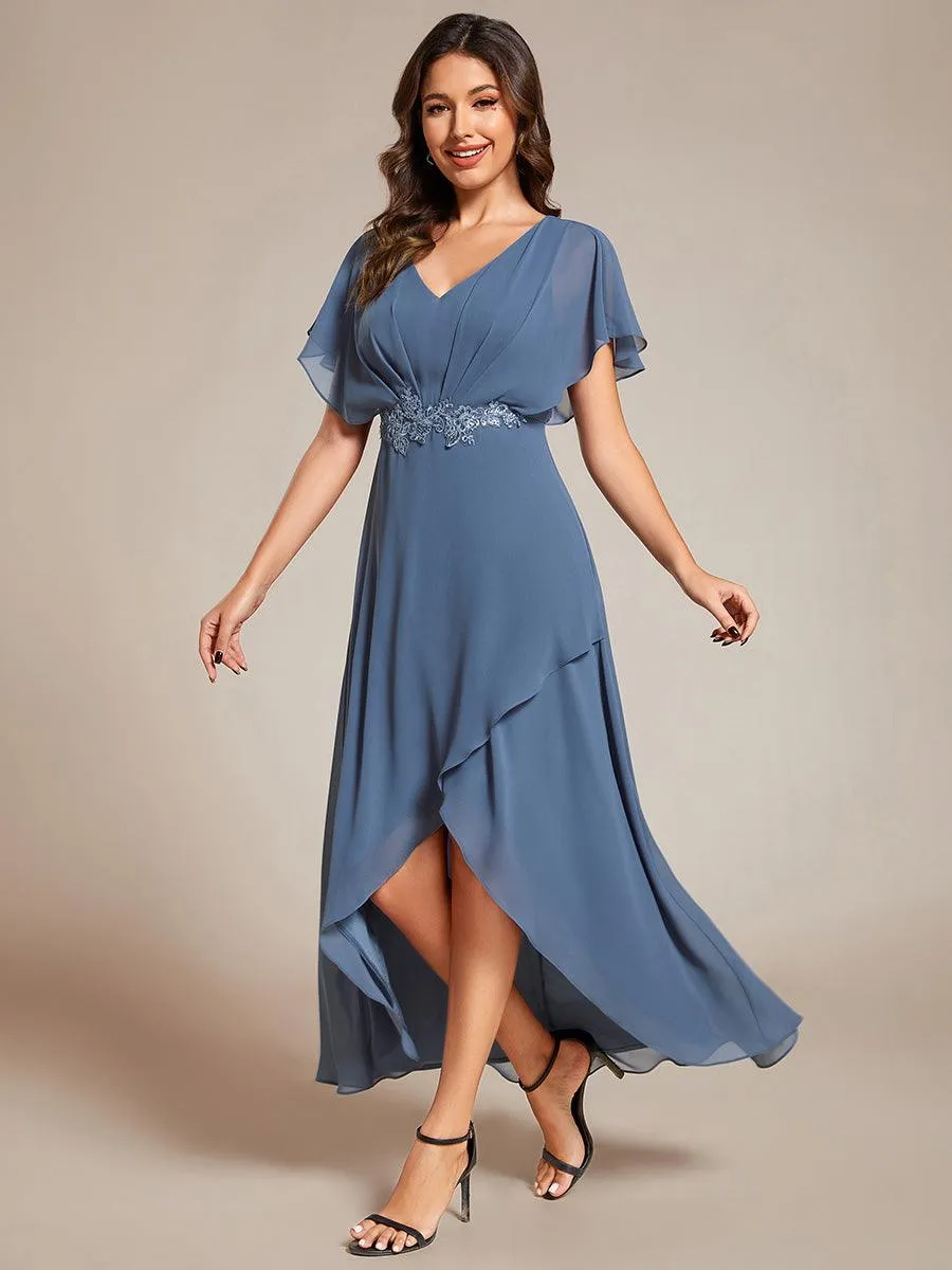 Robe Formelle élégante à Manches Courtes Et Taille Trapèze Avec Ourlet En Feuille De Lotus