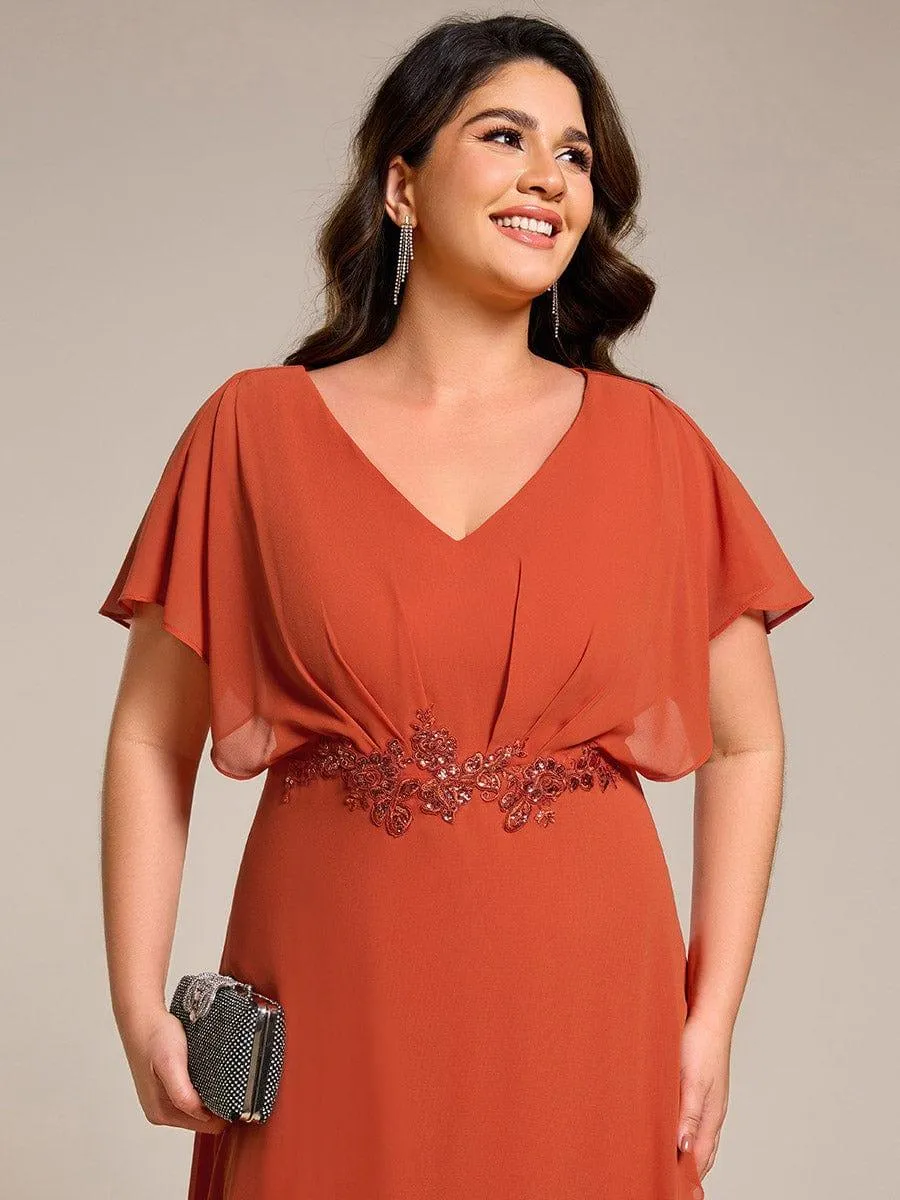 Robe Formelle élégante à Manches Courtes Et Taille Trapèze Avec Ourlet En Feuille De Lotus