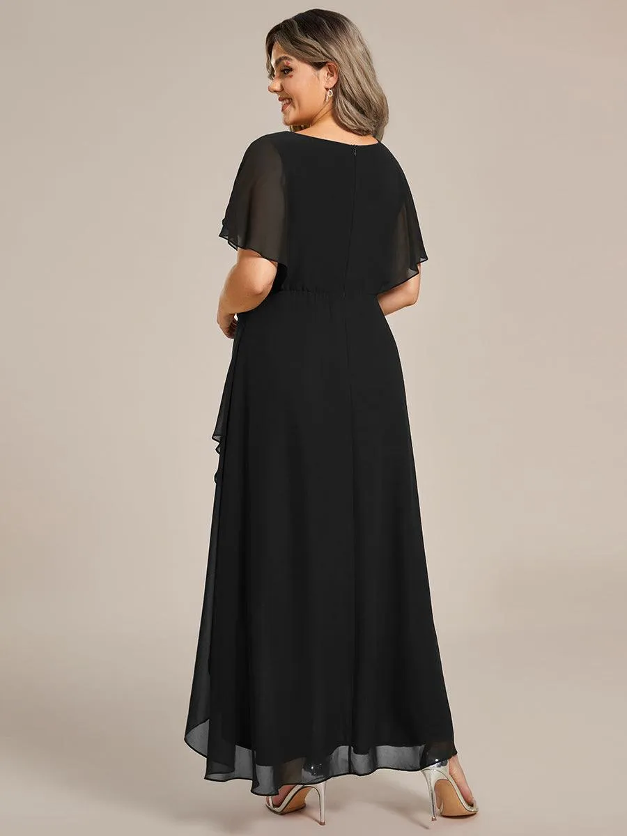 Robe Formelle élégante à Manches Courtes Et Taille Trapèze Avec Ourlet En Feuille De Lotus