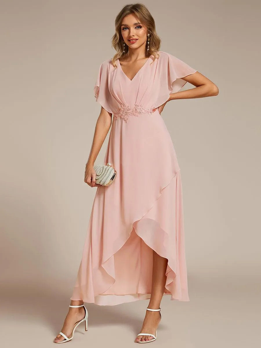 Robe Formelle élégante à Manches Courtes Et Taille Trapèze Avec Ourlet En Feuille De Lotus