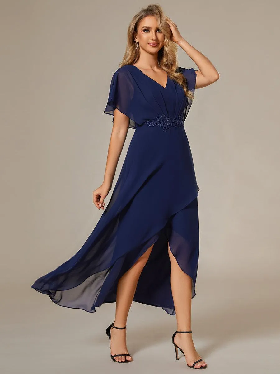 Robe Formelle élégante à Manches Courtes Et Taille Trapèze Avec Ourlet En Feuille De Lotus