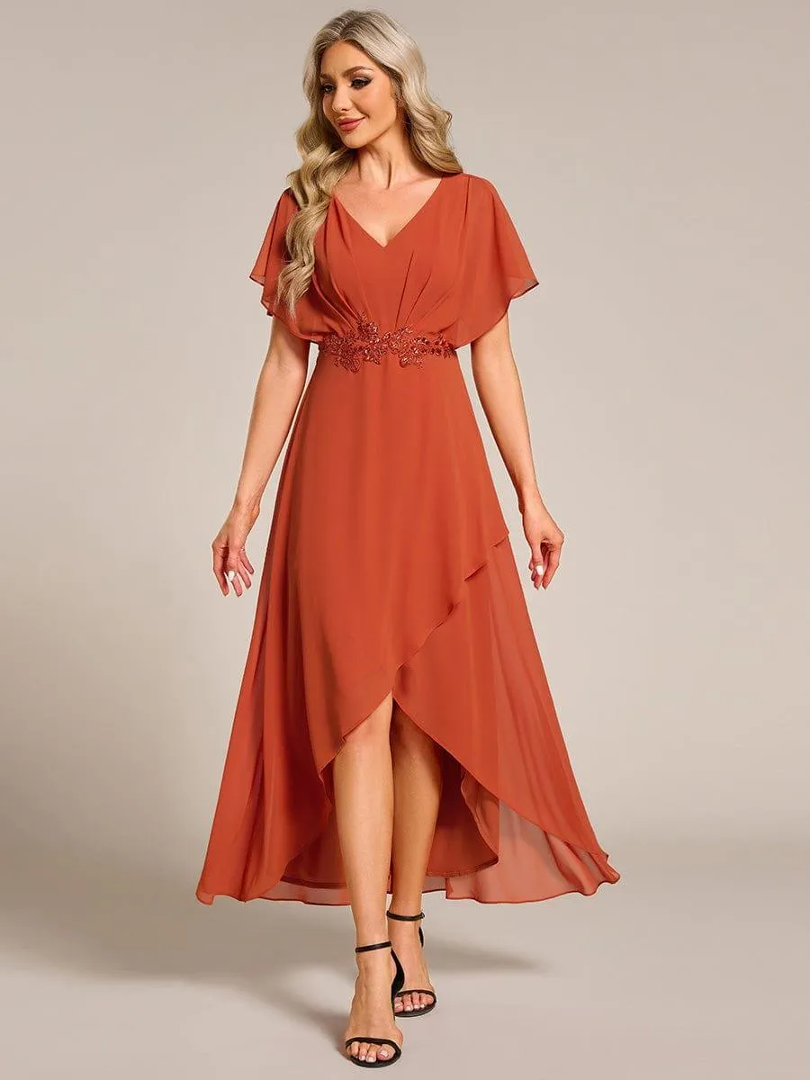 Robe Formelle élégante à Manches Courtes Et Taille Trapèze Avec Ourlet En Feuille De Lotus