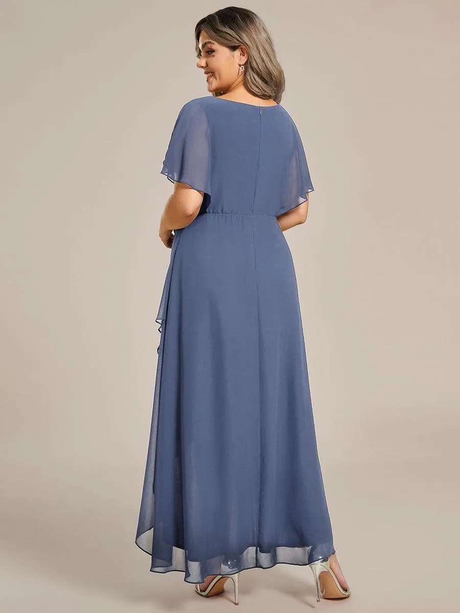 Robe Formelle élégante à Manches Courtes Et Taille Trapèze Avec Ourlet En Feuille De Lotus