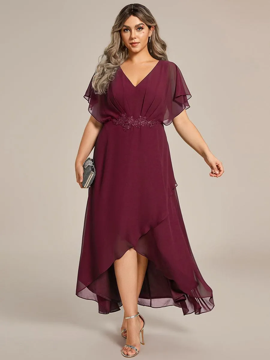 Robe Formelle élégante à Manches Courtes Et Taille Trapèze Avec Ourlet En Feuille De Lotus