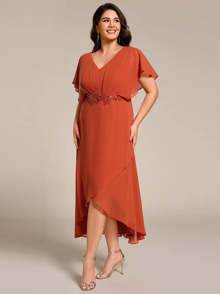 Robe Formelle élégante à Manches Courtes Et Taille Trapèze Avec Ourlet En Feuille De Lotus