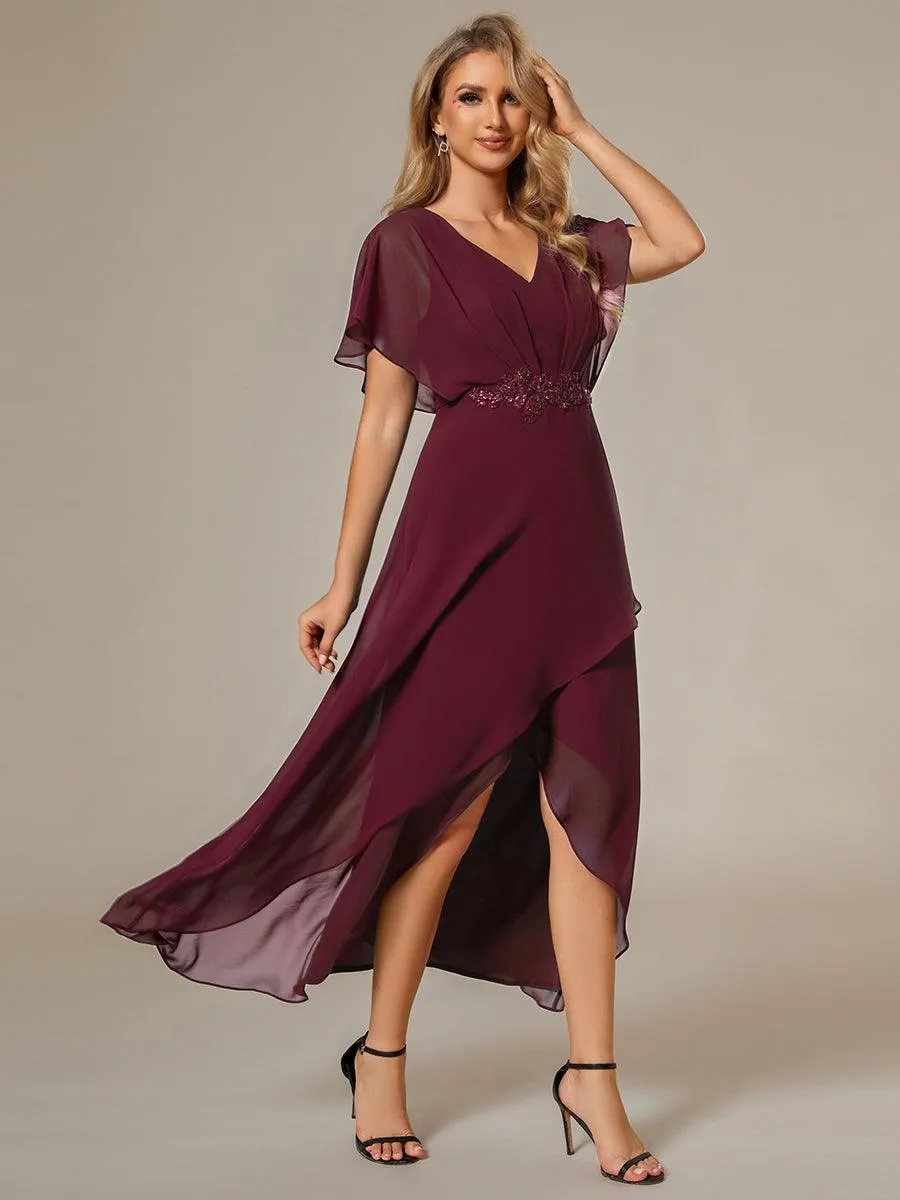 Robe Formelle élégante à Manches Courtes Et Taille Trapèze Avec Ourlet En Feuille De Lotus