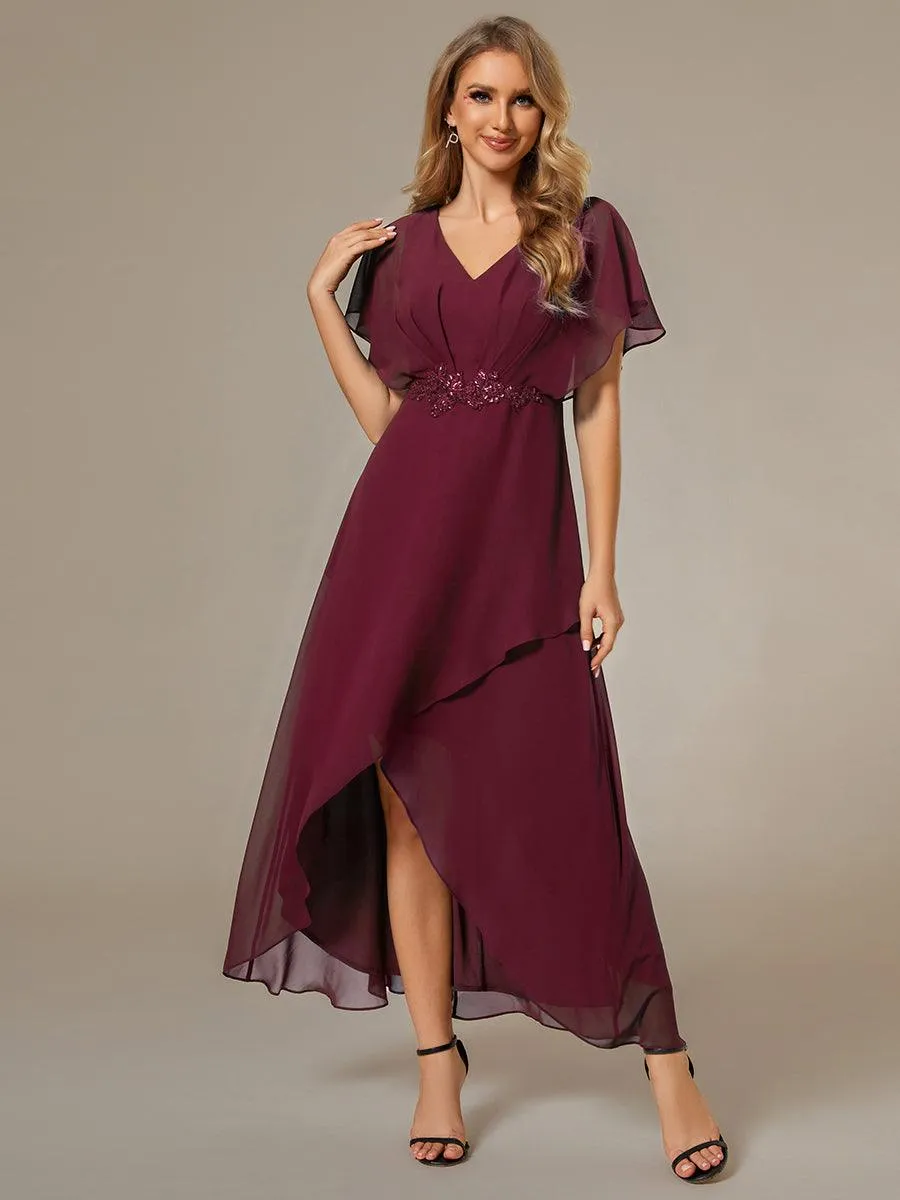 Robe Formelle élégante à Manches Courtes Et Taille Trapèze Avec Ourlet En Feuille De Lotus