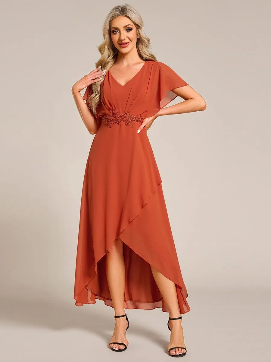 Robe Formelle élégante à Manches Courtes Et Taille Trapèze Avec Ourlet En Feuille De Lotus