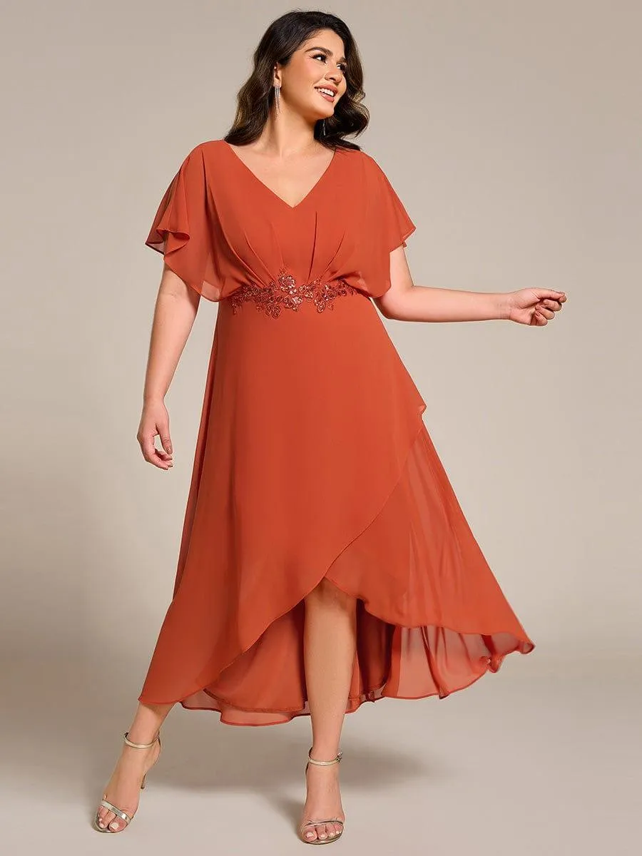 Robe Formelle élégante à Manches Courtes Et Taille Trapèze Avec Ourlet En Feuille De Lotus