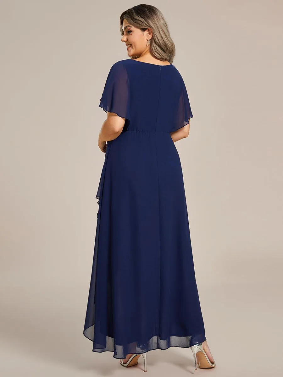 Robe Formelle élégante à Manches Courtes Et Taille Trapèze Avec Ourlet En Feuille De Lotus