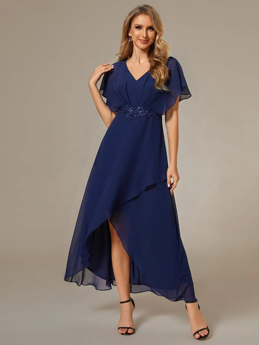 Robe Formelle élégante à Manches Courtes Et Taille Trapèze Avec Ourlet En Feuille De Lotus