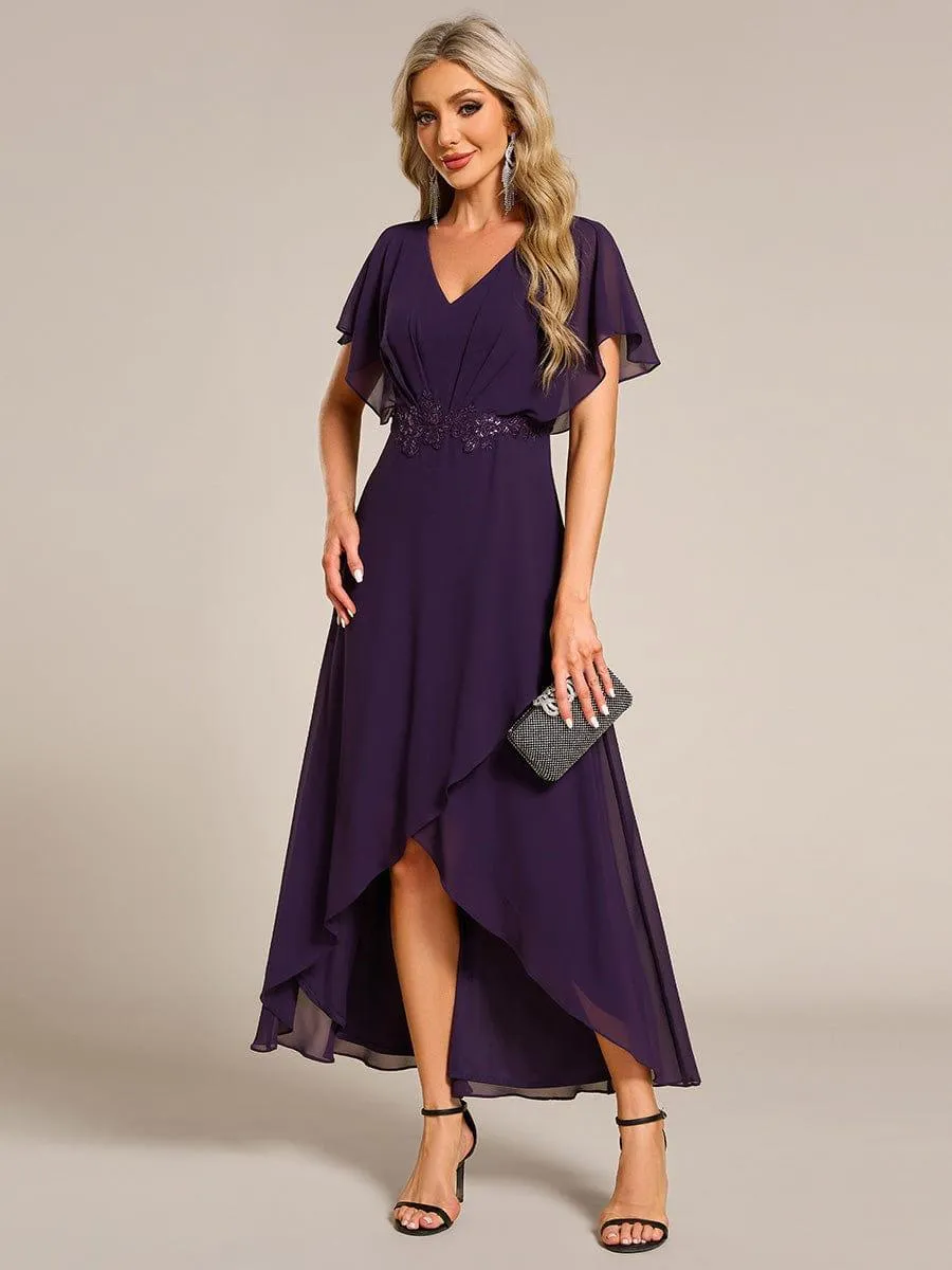Robe Formelle élégante à Manches Courtes Et Taille Trapèze Avec Ourlet En Feuille De Lotus