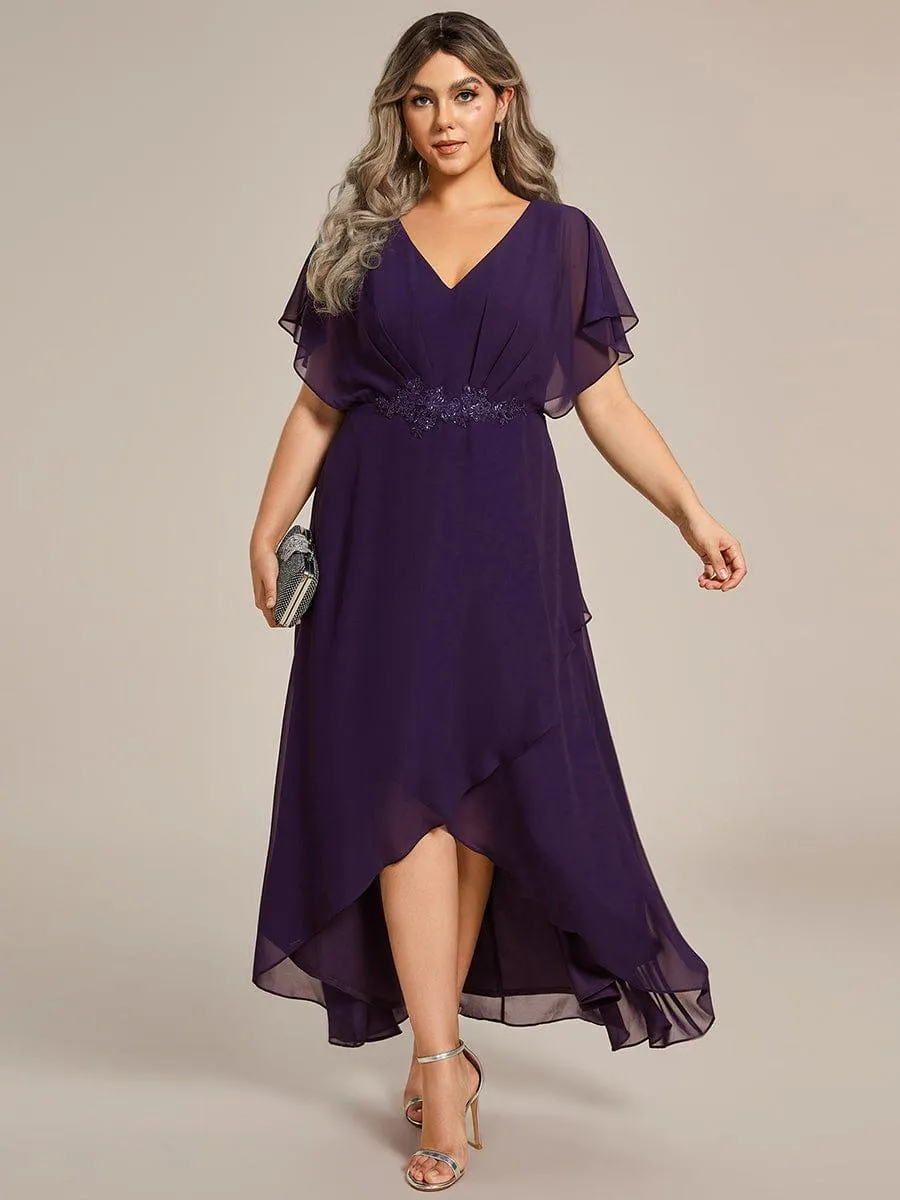 Robe Formelle élégante à Manches Courtes Et Taille Trapèze Avec Ourlet En Feuille De Lotus