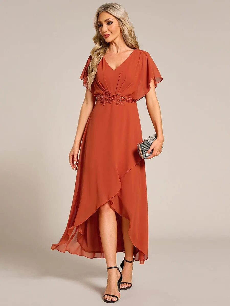 Robe Formelle élégante à Manches Courtes Et Taille Trapèze Avec Ourlet En Feuille De Lotus