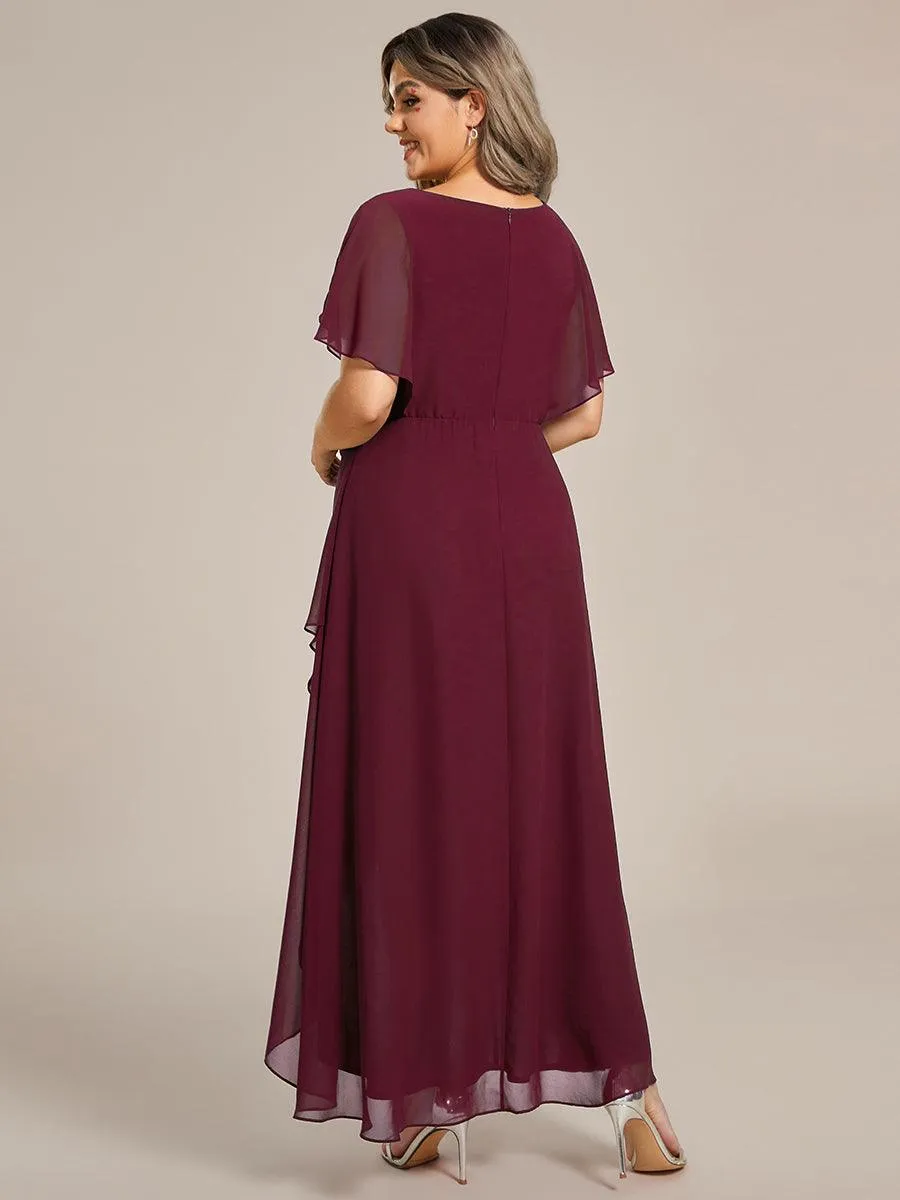 Robe Formelle élégante à Manches Courtes Et Taille Trapèze Avec Ourlet En Feuille De Lotus