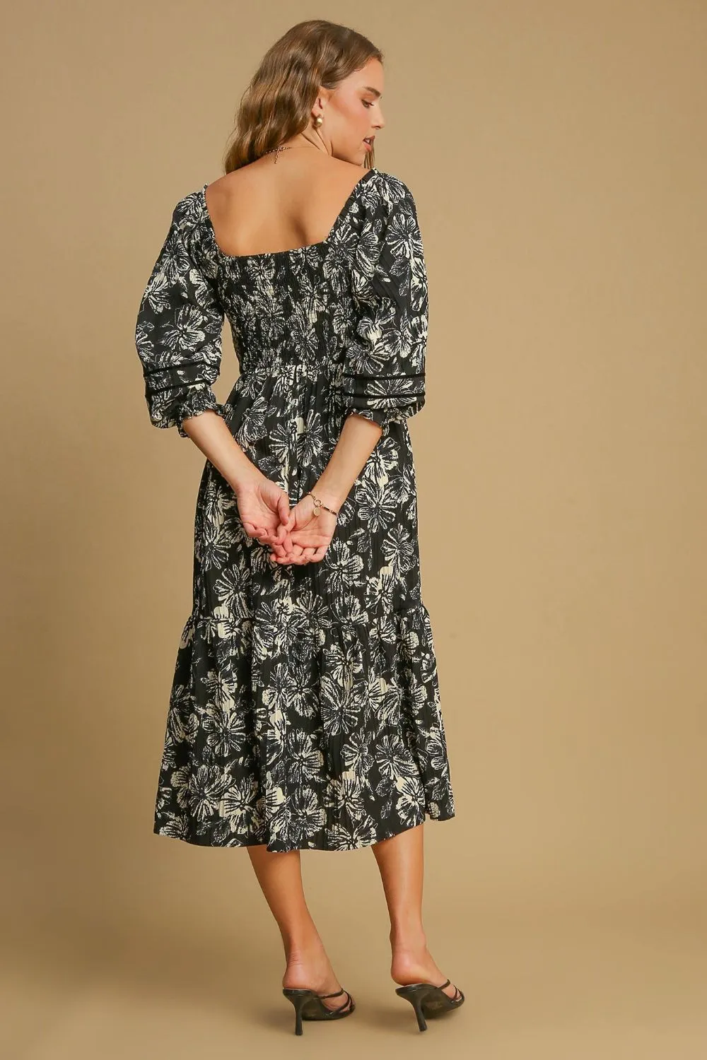 Ruffle Hem Floral Midi Dress - Black