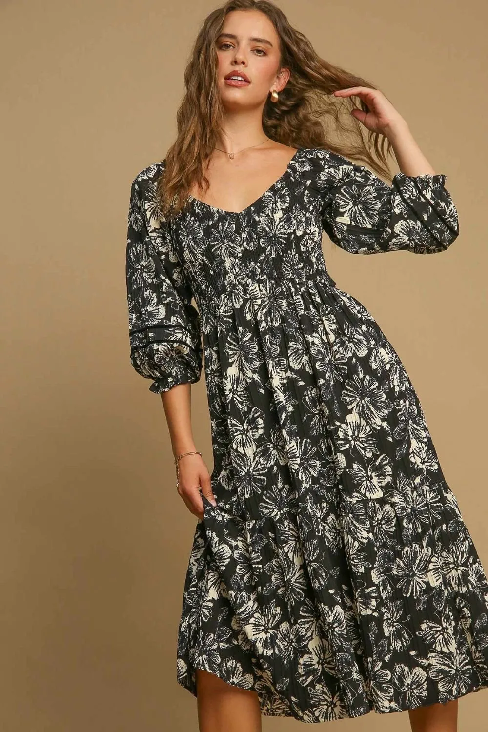 Ruffle Hem Floral Midi Dress - Black