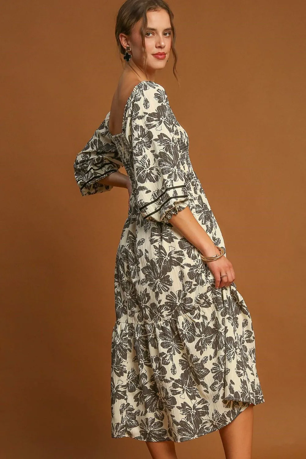 Ruffle Hem Floral Midi Dress - Cream