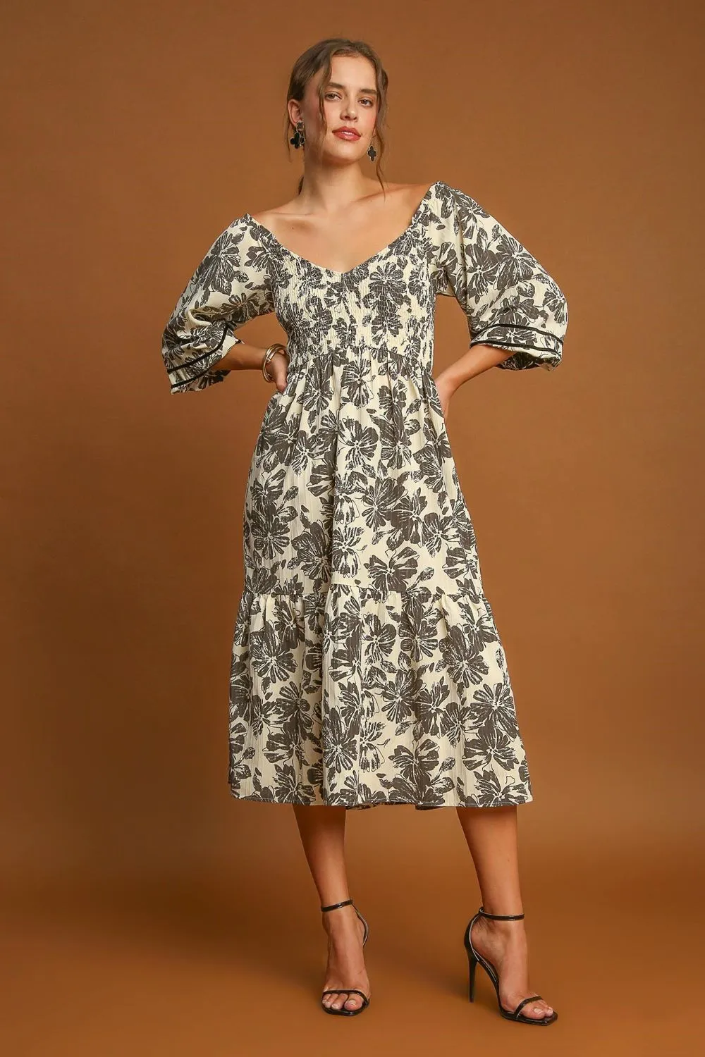 Ruffle Hem Floral Midi Dress - Cream