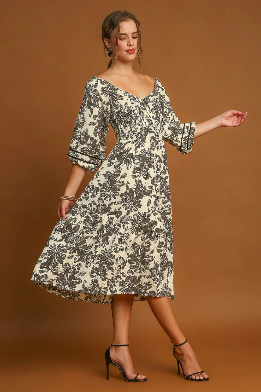 Ruffle Hem Floral Midi Dress - Cream
