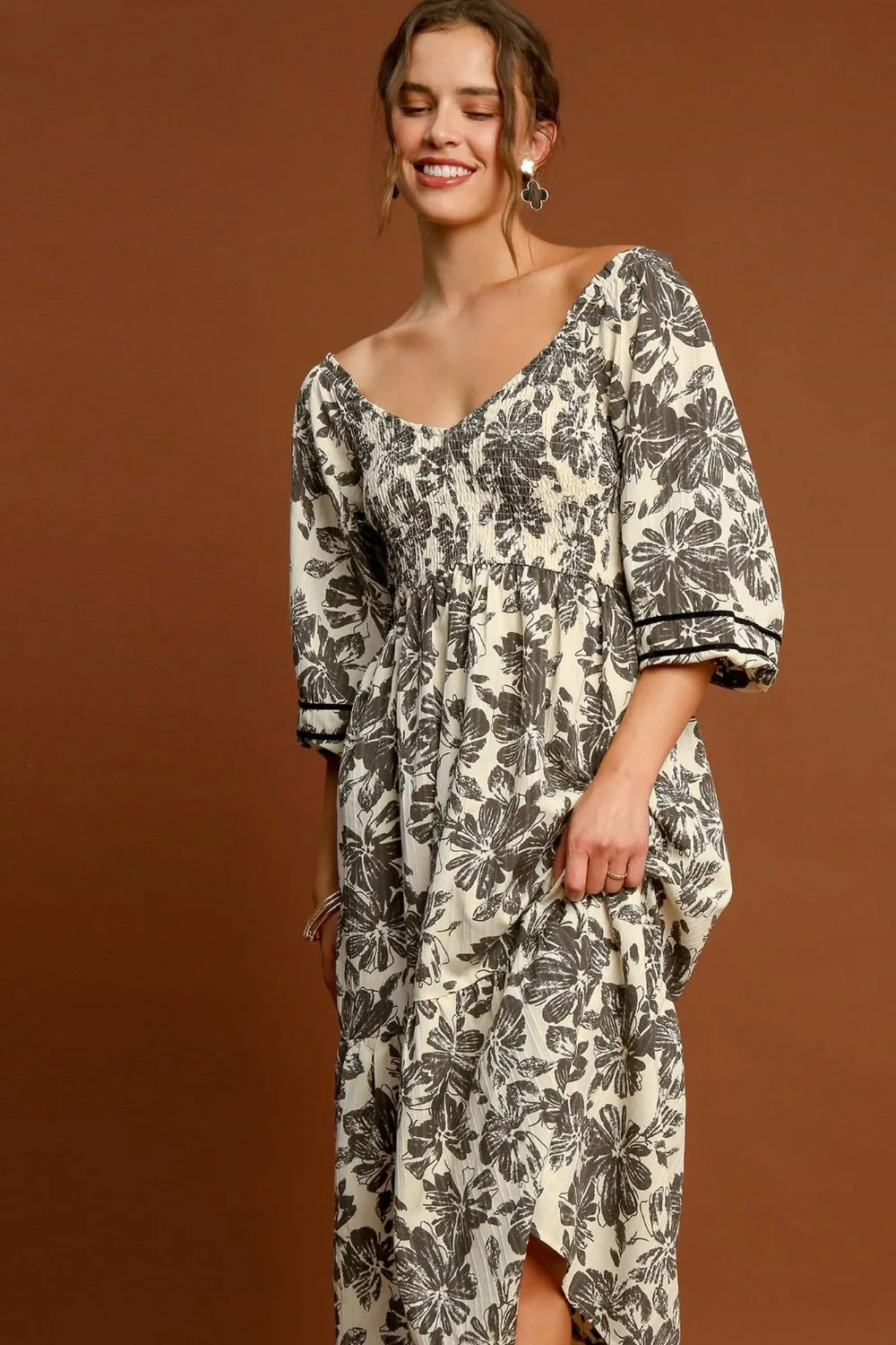 Ruffle Hem Floral Midi Dress - Cream