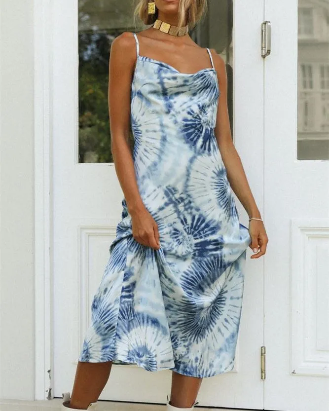 Seaside Tie-dye Strap Dress - Blue