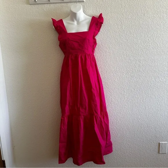 Shopbop o.p.t Hot Pink Magenta Tuscany Tiered Ruffle Sleeve Midi Dress Ruched S