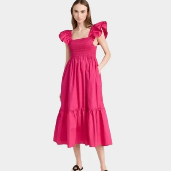 Shopbop o.p.t Hot Pink Magenta Tuscany Tiered Ruffle Sleeve Midi Dress Ruched S