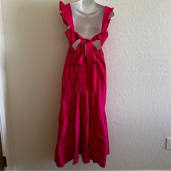 Shopbop o.p.t Hot Pink Magenta Tuscany Tiered Ruffle Sleeve Midi Dress Ruched S