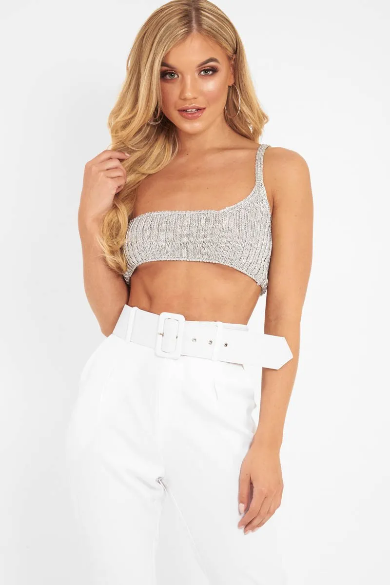Silver Knitted One Shoulder Crop Top - Houda
