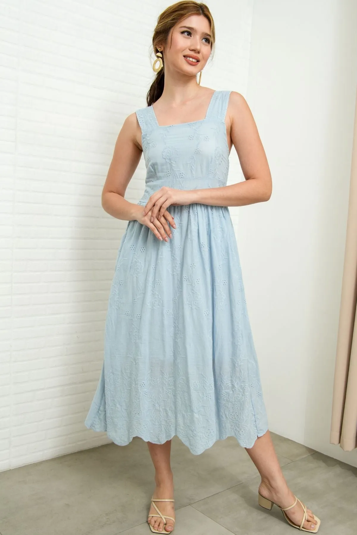 SOLEIL Sleeveless Eyelet Midi Dress (Powder Blue)