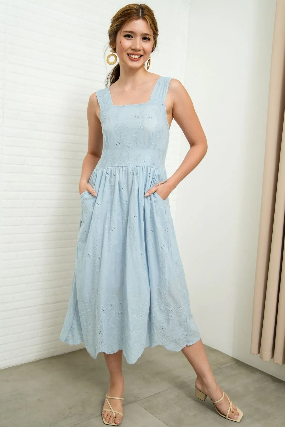 SOLEIL Sleeveless Eyelet Midi Dress (Powder Blue)