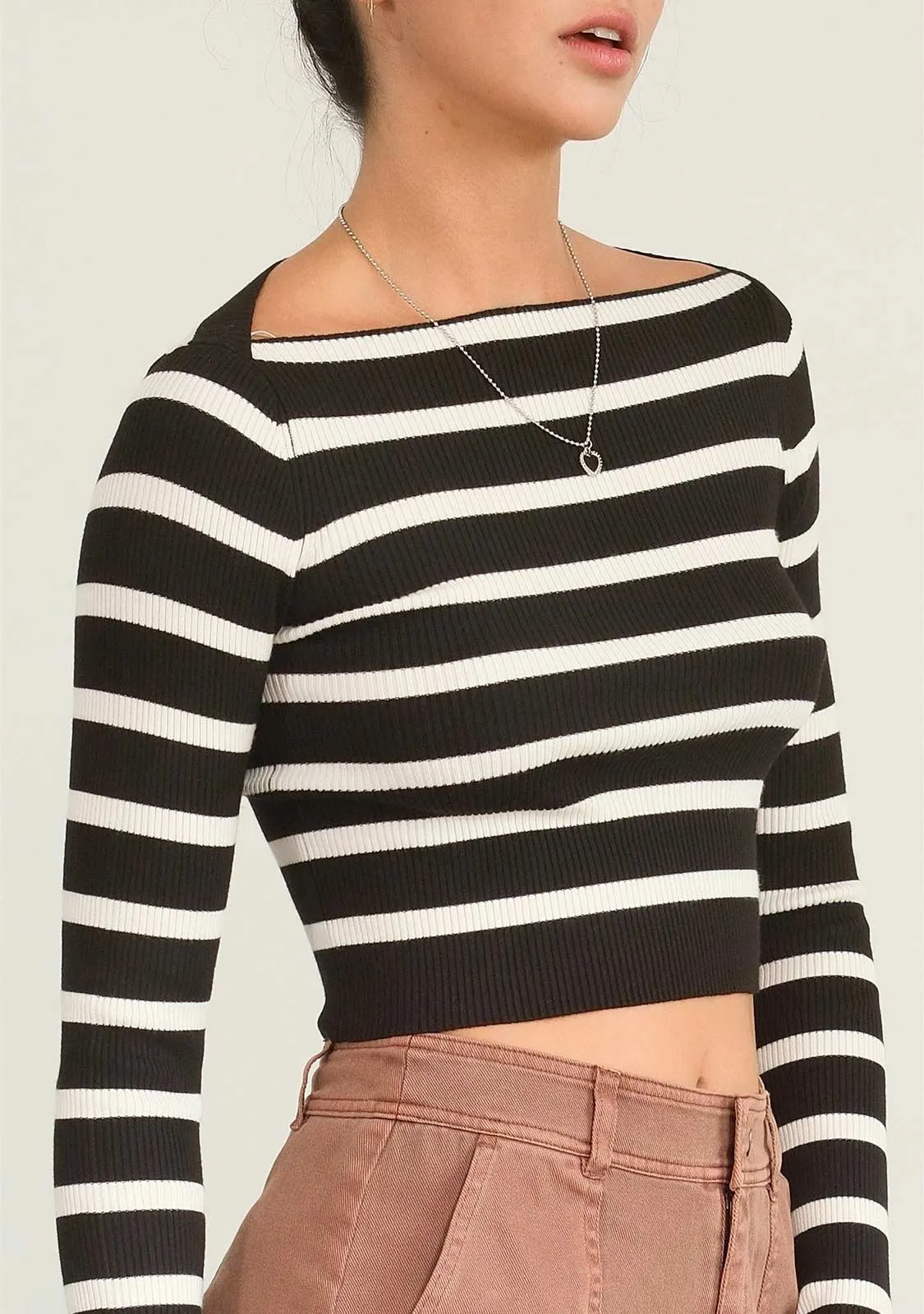 Striped Boatneck Long-Sleeve Crop Top