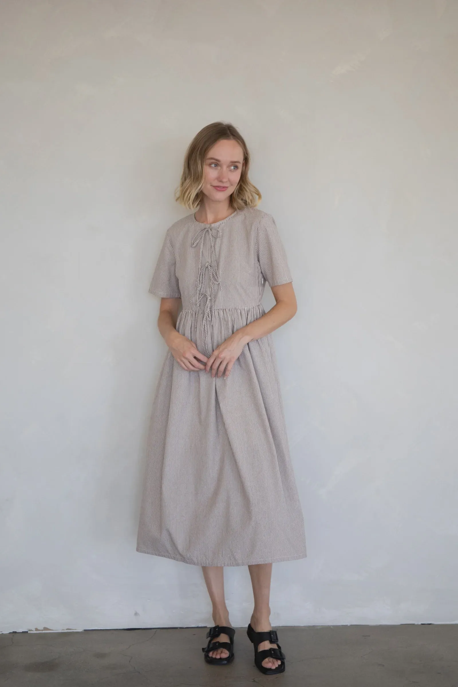 STRIPED FRONT BUTTON TIE DRESS