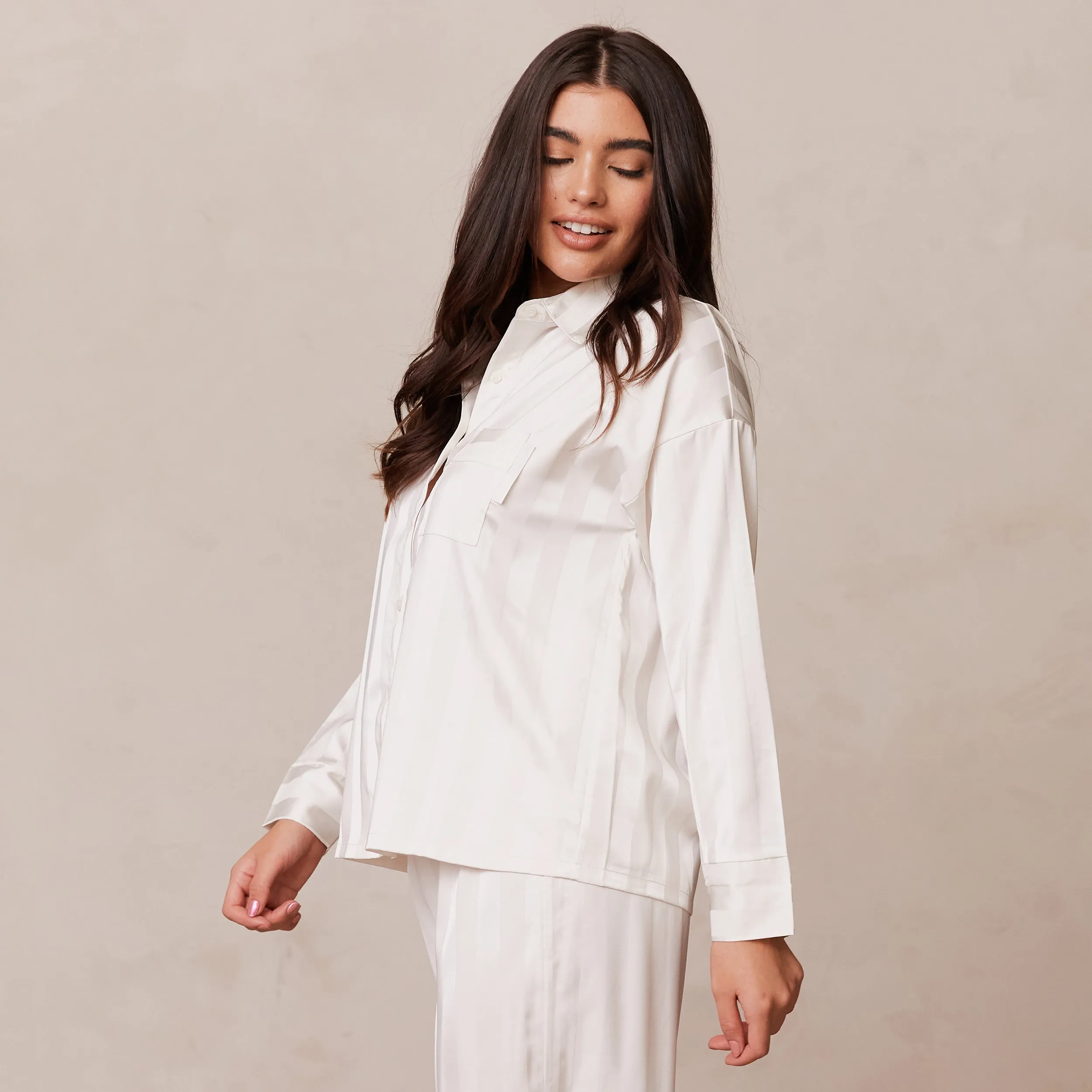 Striped Satin Chemise de Pyjama - Perle