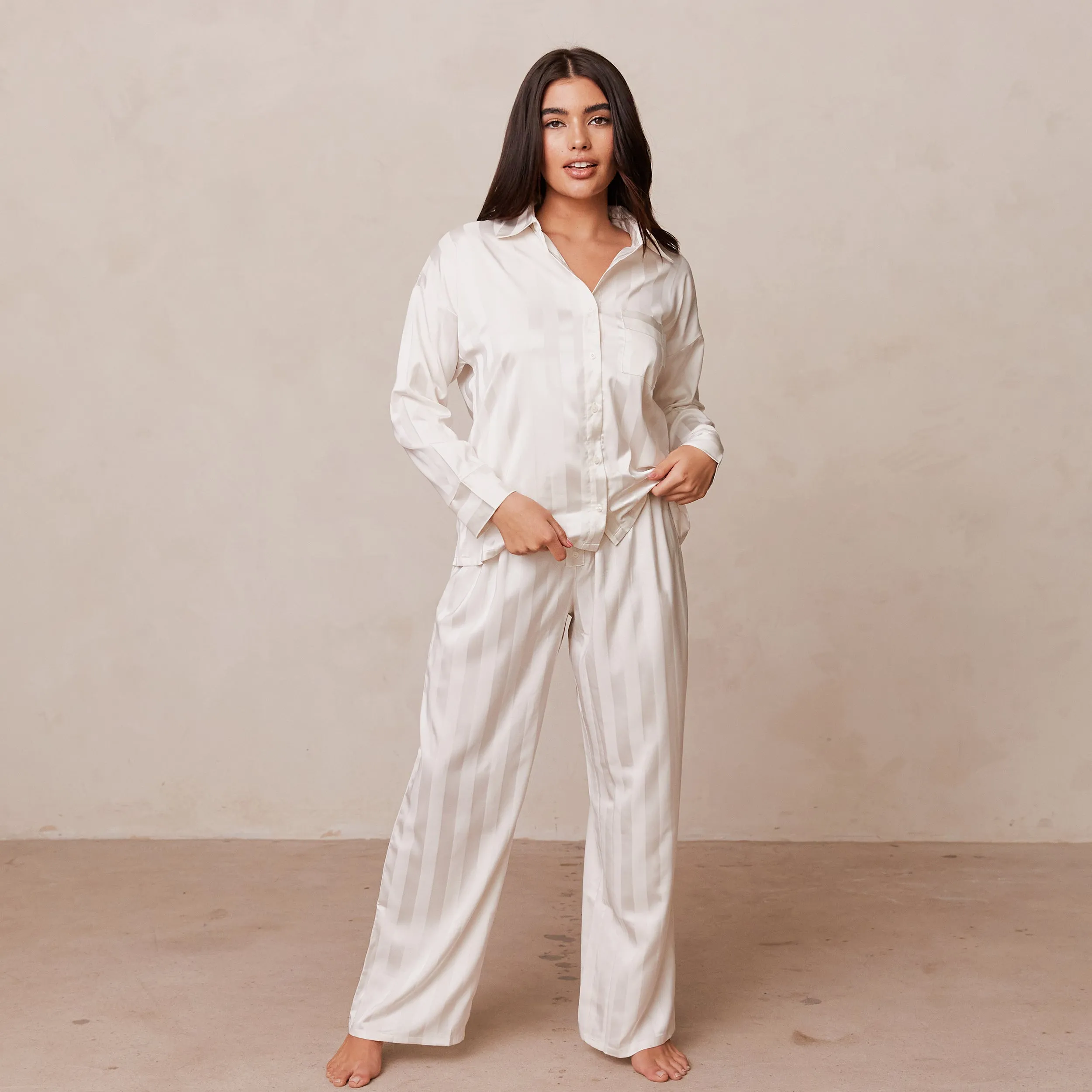 Striped Satin Chemise de Pyjama - Perle