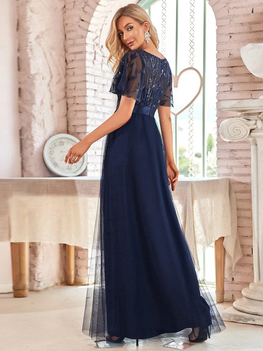 Taille personnalisée Robes de soirée brodées à manches courtes pour femmes