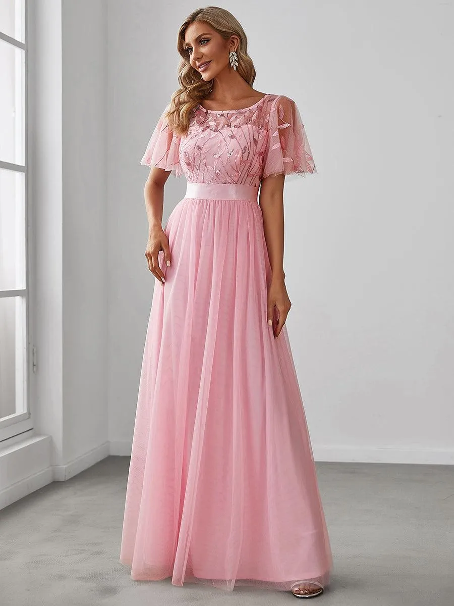 Taille personnalisée Robes de soirée brodées à manches courtes pour femmes