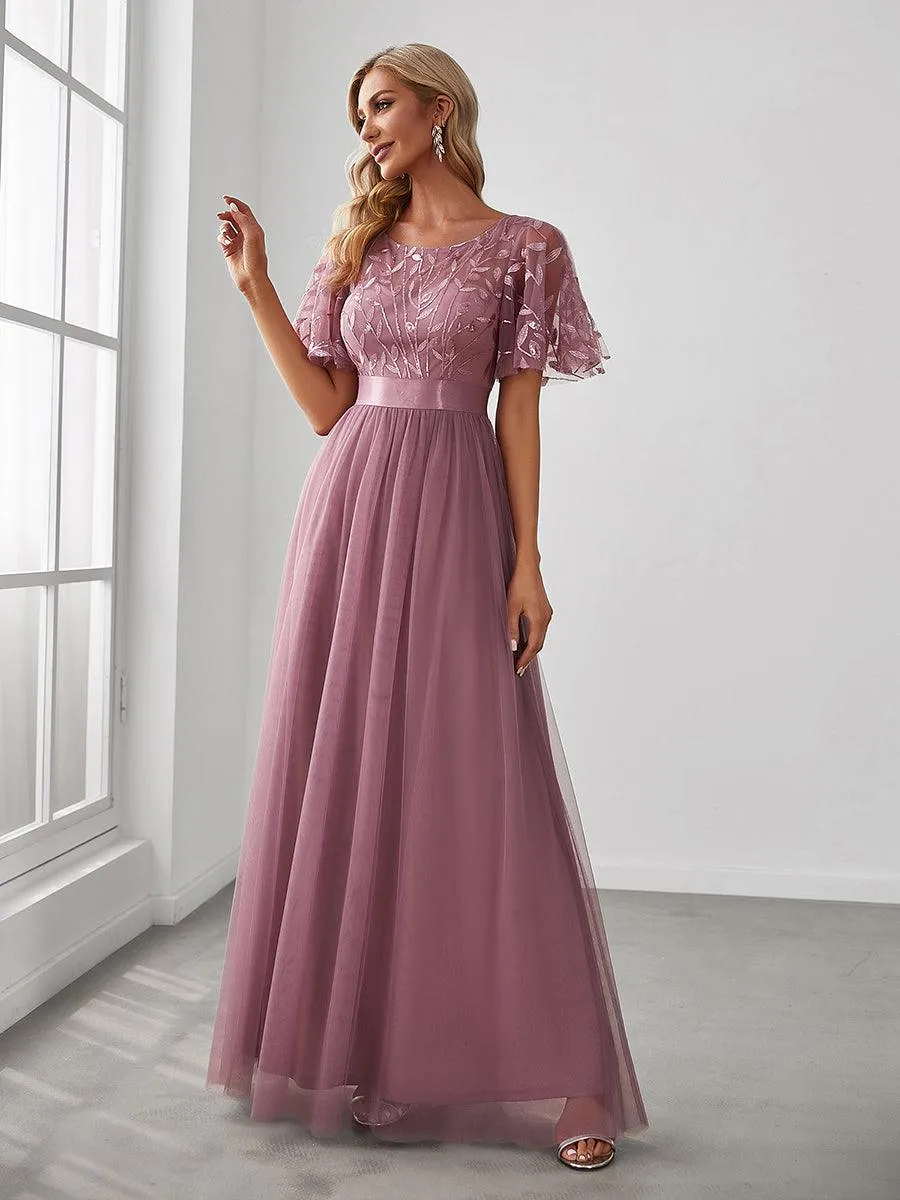 Taille personnalisée Robes de soirée brodées à manches courtes pour femmes