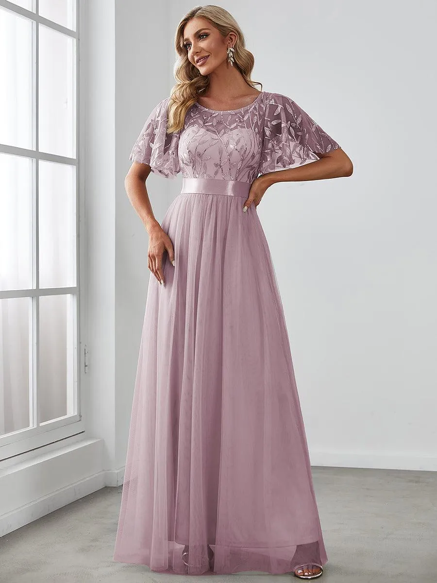 Taille personnalisée Robes de soirée brodées à manches courtes pour femmes